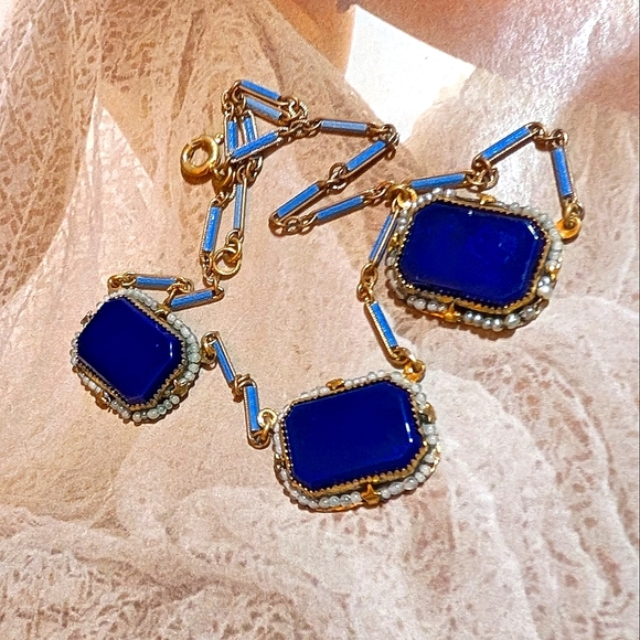 RARE Antique German Lapis Glass Seed Bead Necklace - Picture 6 of 7